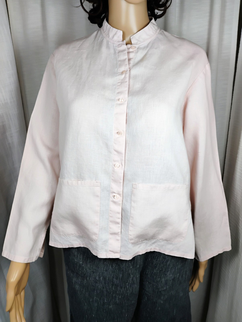 Liz Claiborne Pink Linen Button Front Top Mandarin Collar Petite Preppy S/M